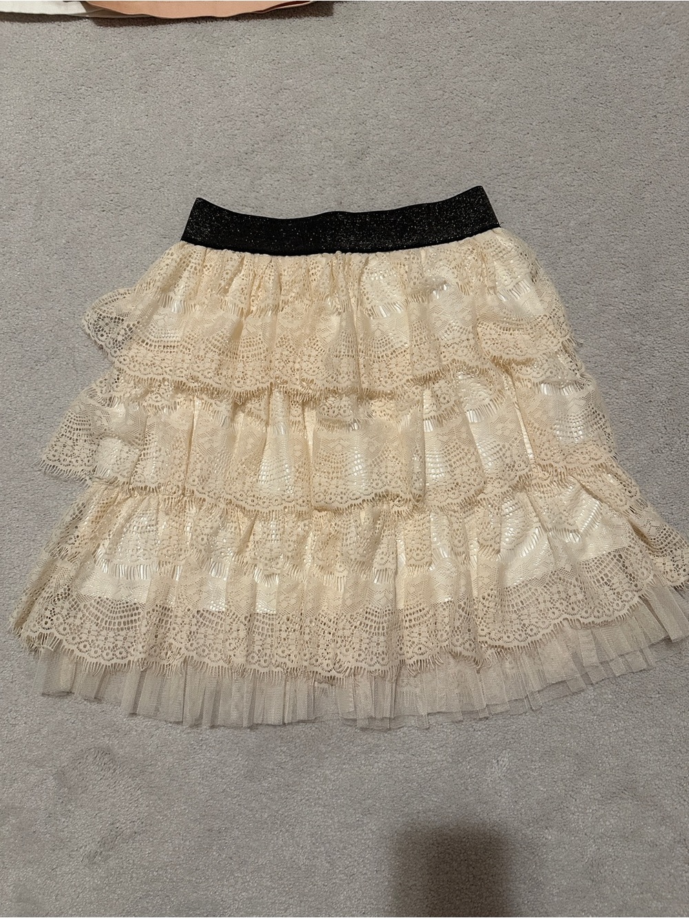 Cream Lace Tiered Pencil Skirt with Black Elastic Waistband